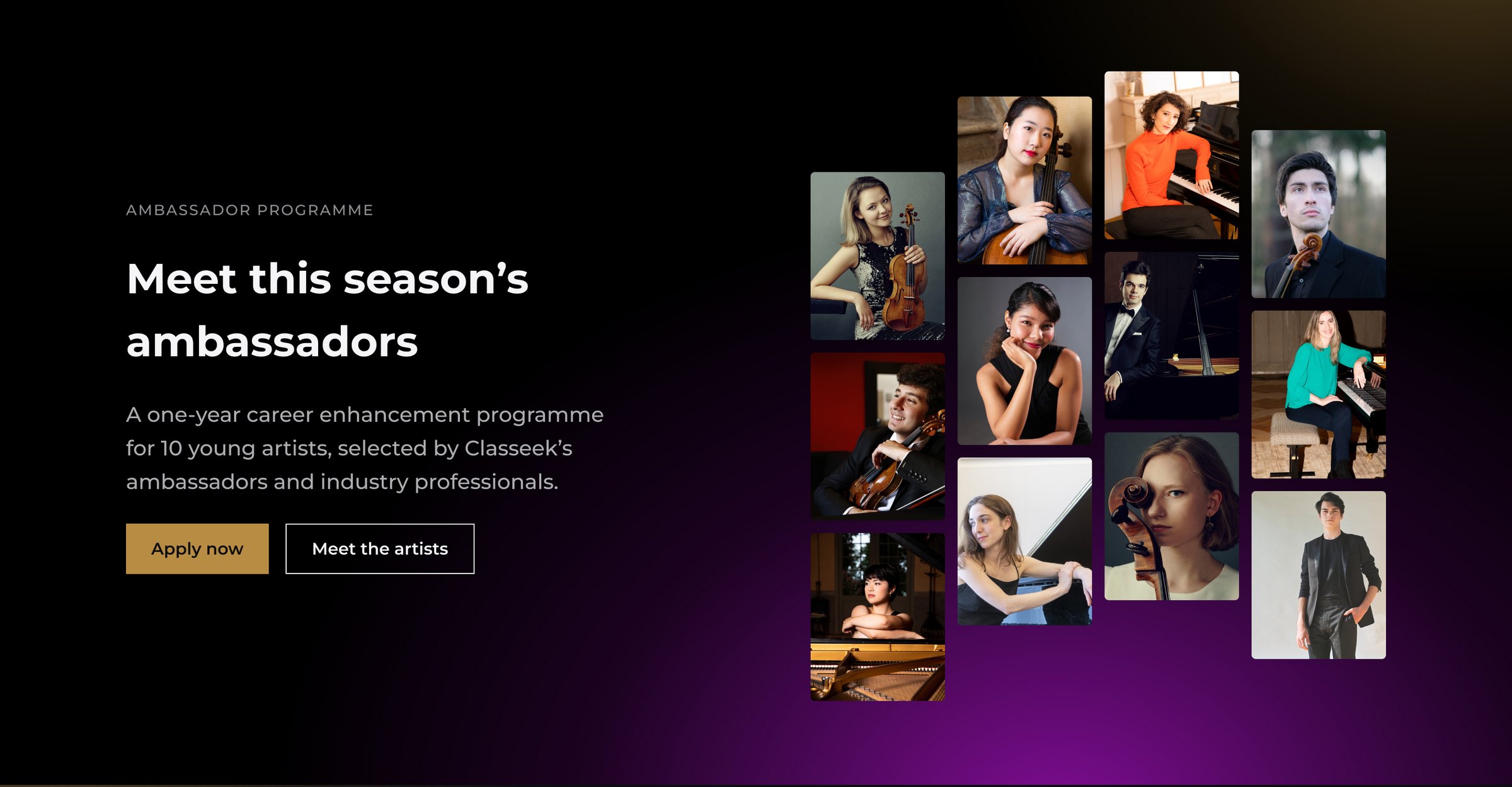 Homepage band 'Meet this season's ambassadors' with a grid of musician portraits and violet glow rising from the bottom right.