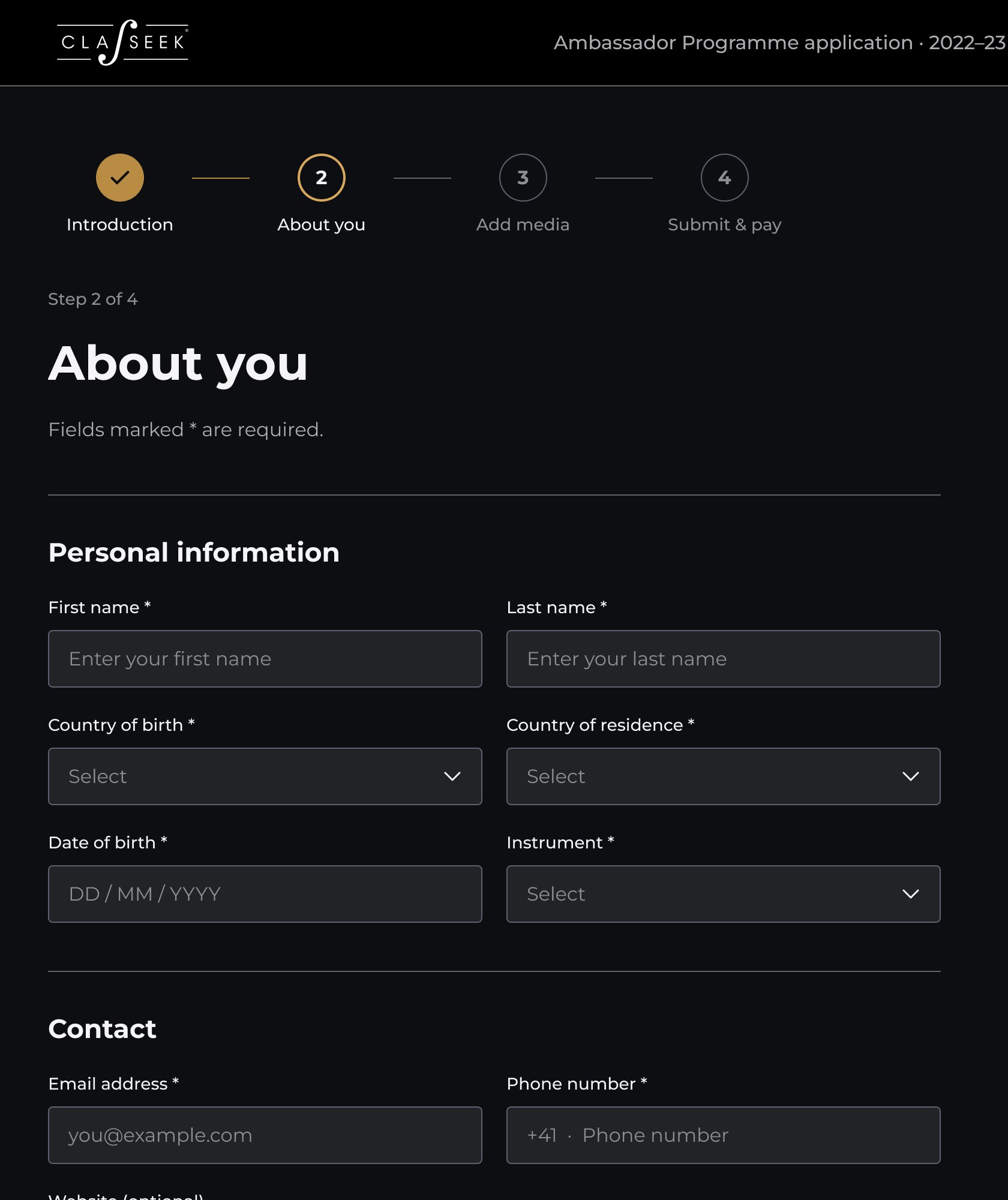 Application step 2 'About you' with personal information and contact fields.