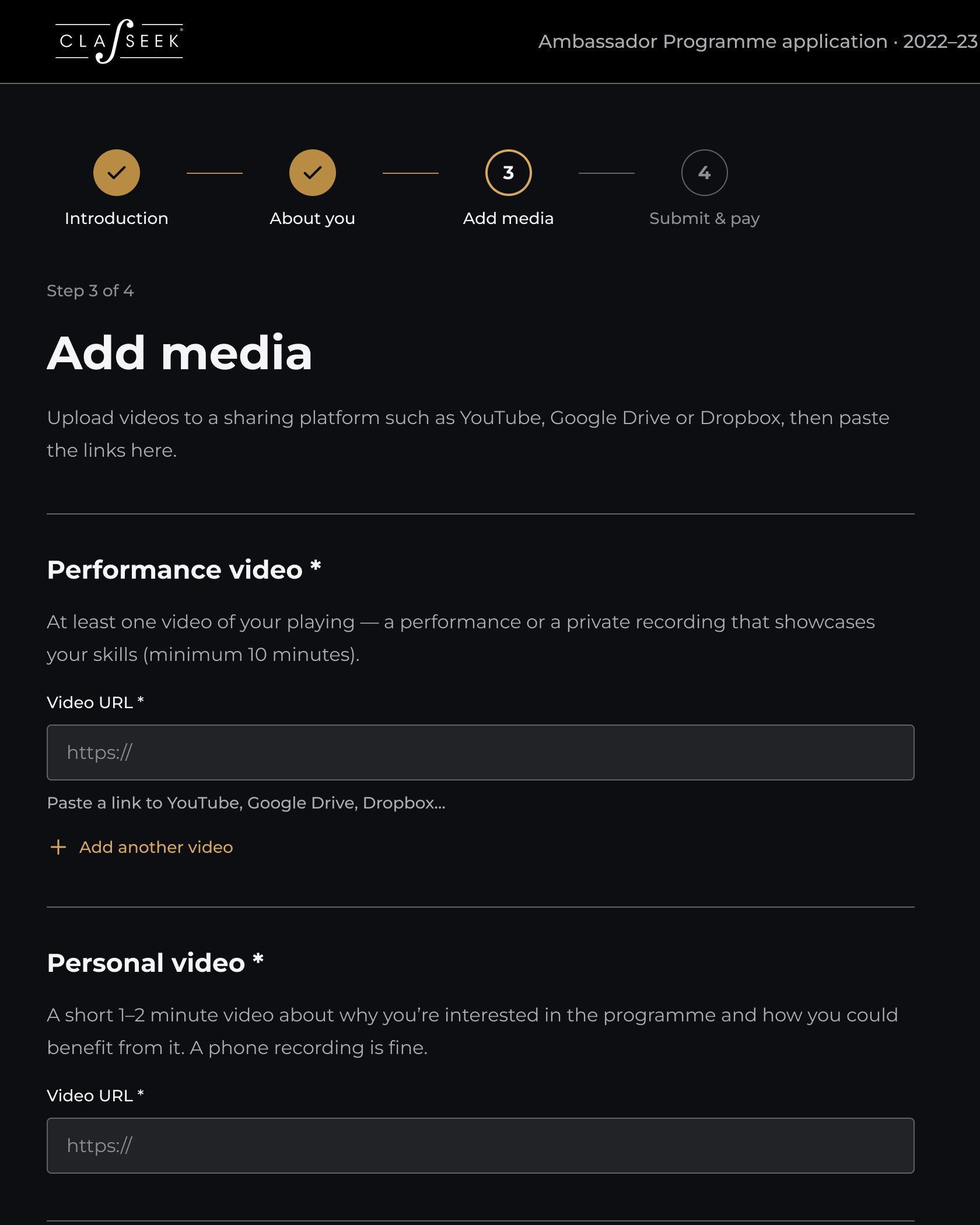 Application step 3 'Add media' with fields for a performance video link and a personal video link.